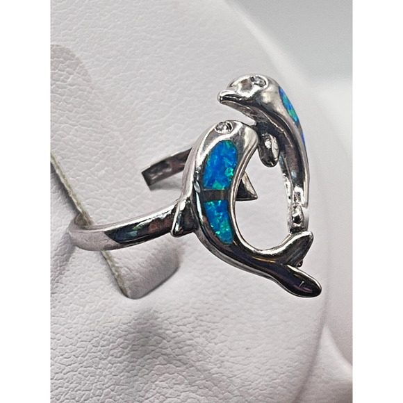 Vintage Sterling Silver Modernist 2 Dolphins Playing Wave Blue Opal Pendant - Picture 2 of 5